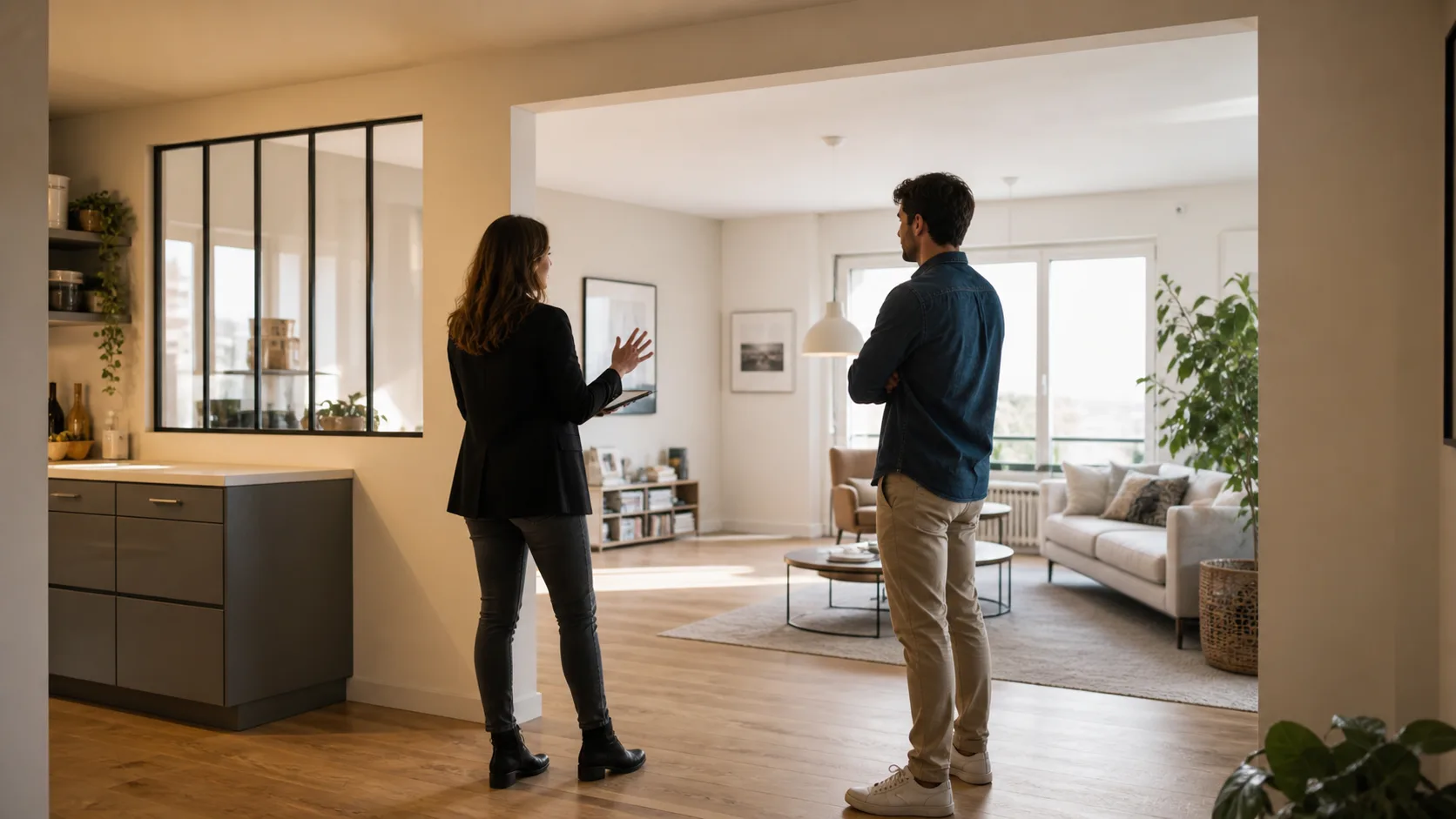 Architecte d’intérieur et propriétaire observant la lumière dans une pièce avant un projet de verrière